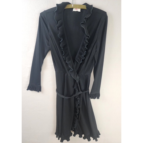R&K Originals Knit Black Wrap Dress with Satin Ruffle Trim - Size Missing - Picture 2 of 8